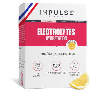 Impulse Nutrition - Électrolytes Poudre Citron - Sodium, Potassium, Magnésium, Calcium, Zinc - Hydratation, Énergie et Endurance - Anti-Crampes - Sans Édulcorants - Sport - 15 sachets