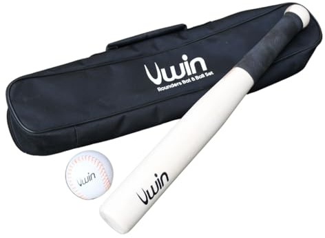 Uwin Rounders Bat and Ball Set, Durable Wooden Bat with Grip Handle and Match Ball, Black Carry Bag for Outdoor Garden Family School PE Sports Training