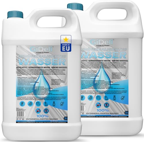 GiDeli Demineralisiertes Wasser 2 x 5L Destilliertes Wasser für Bügeleisen, Batterien, Kühler, Luftbefeuchter, Aquarium & Labor Wasser ohne Kalk, geruchlos, klar