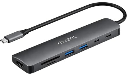 Ewent Hub USB-C 7 en 1 con HDMI 4K 60Hz, USB 3.2 Gen1, Carga Rápida PD 100W, 2 USB-A, USB-C Datos, Lector SD/TF, Dock Multiport para Laptop, MacBook, Tablet y Smartphone