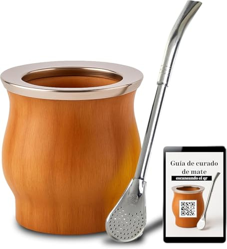 Alevem Calabaza Mate Argentino Kit Madera Estilo Camionero + Bombilla Mate Argentino | Vaso Mate Algarrobo con Virola de Acero Inoxidable para Tomar Yerba Mate