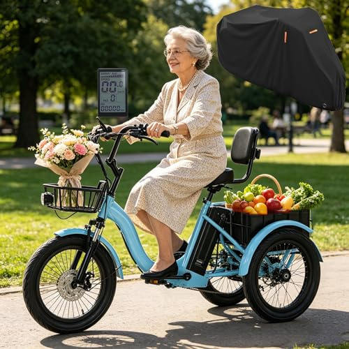 LISTaRSw 18 Inch Electric Tricycle for Charging 3-Wheel Electric Bike Folding Adult Electric E Bike with Storage Basket Large Tyres for Adults Electric Bicycle, Load Capacity 30 kg Blue