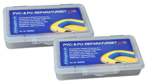 fishingglue.de 2er-Pack PVC-& PU-Reparatur Set XXL, Plastik-Flickzeug (Vinyl, PVC, PU) Wasser-& UV-beständig für Schlauchboot Zelt Pool Gewebe Plane Markise Isomatte Luftmatratze bis 60°C wärmestabil