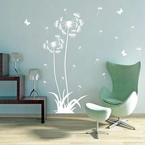 Wandtattoo Pusteblume als 2er Set 120cm und 160cm hoch/in der Farbe weiß/incl. 16 Pollen und 3 Schmetterlingen Wandaufkleber Wandsticker Wandbilder