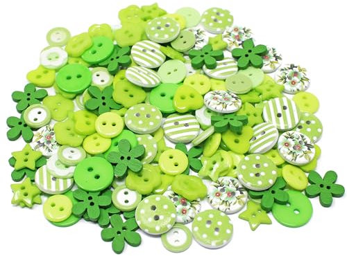 Knöpfe-Mix, Grün, Weiß, aus Holz, Acryl und Harz, für Kartenverzierungen, 150 Stück