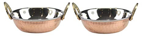 GK Global Kitchen Copper Kadai Karahi Hammered Double Wall Balti Dishes Curry Serving Bowls Indian Platter Stainless Steel Kadhai Multipurpose Rim Serving Bowls Set (2, 13cm)
