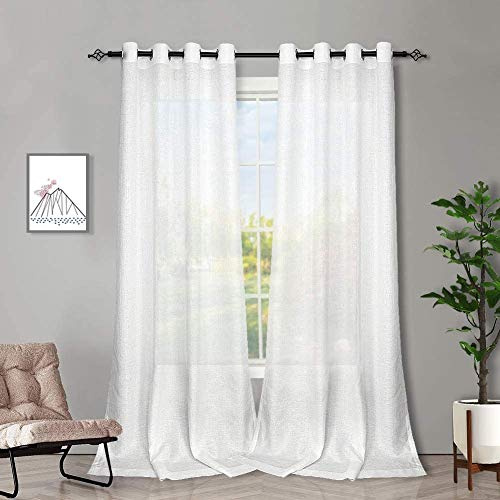 Melodieux Semi Blackout Curtains - 2 Panel Faux Linen Voile Net Curtains Semi Sheer Ring Top Drapes for Bedroom, Living Room, Window (White, 55 x 72 inch drop)