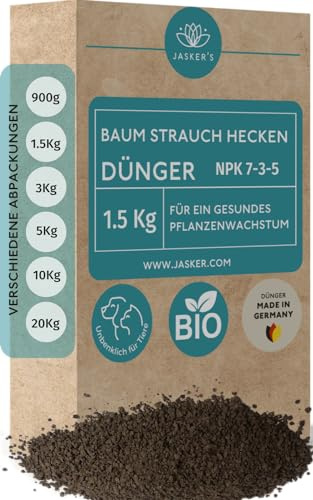 Baum-Dünger Strauch-Dünger & Hecken-Dünger Frühjahr 1.5 Kg - 100% Bio & Tierfreundlich Baum Strauch Heckendünger - NPK Dünger - Dünger für Bäume - Ideal für Liguster, Hainbuchen & Koniferen
