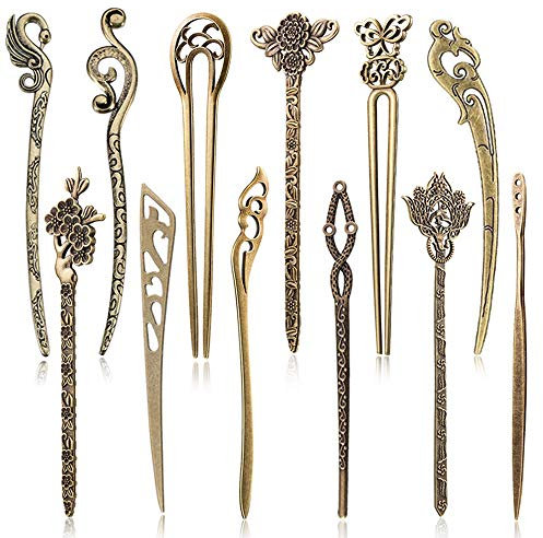 12 Stücke Chinesische Damen Haar Stäbchen, MERYSAN Antike Bronze Dekorative Haar Sticks Essstäbchen, Antiquität Retro Vintage Haarnadel für Haar DIY Zubehör(12 Stile)