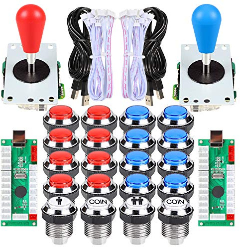 Fosiya 2 Spieler Arcade DIY Kit Arcade Ellipse Oval Style 8 Wege Fledermaus Joystick + LED Chrome Arcade Tasten für Videospiele Mame PC Windows Raspberry Pi 3 4 (Red Blue)