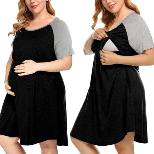 MONNURO Women's Plus Size Labor and Delivery Gown Nursing Nightgown Maternity Sleepwear Dress for Breastfeeding(Black,3X)