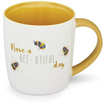 Cooksmart British Designed Barrel Coffee Mug | Ceramic Coffee Mugs for Home or Work | Large Mugs for Hot Drinks | Tea and Coffee Cups - Bee-utiful Day