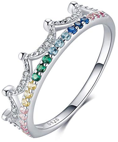 Qings Bague en Argent Sterling 925, Fiançailles Princesse Couronne Bague avec Colorées Cubiques Zircones, Cadeaux de Bijoux pour Filles Femmes Dames Anniversaire Mariage