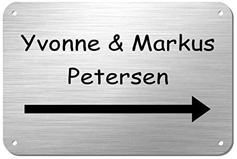 Edelstahl Türschild Namensschild Hinweisschild mit Pfeil und individueller Laser-Gravur * Modell Petersen (150 mm x 100 mm)