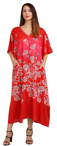 Kaftan tunika flera storlekar inklusive plus storlek strandöverdrag topp, maxiklänning, pyjamas snygg och glamorös kimono [K-131], 134-röd, M