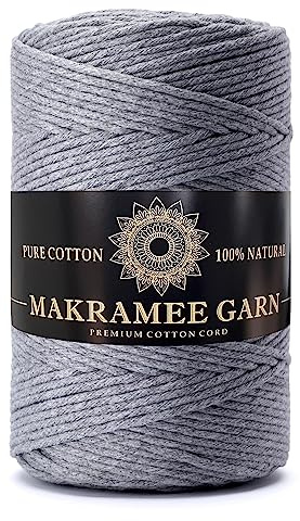 Makramee Garn. Baumwollgarn Kordel. 100% Natur Baumwoll-Kordel. Perfekt für Basteln, DIY, Handwerk & Stricken. 100% Natur Baumwollgarn, Dicke Macrame Cord (Grau, 5mm/100m)
