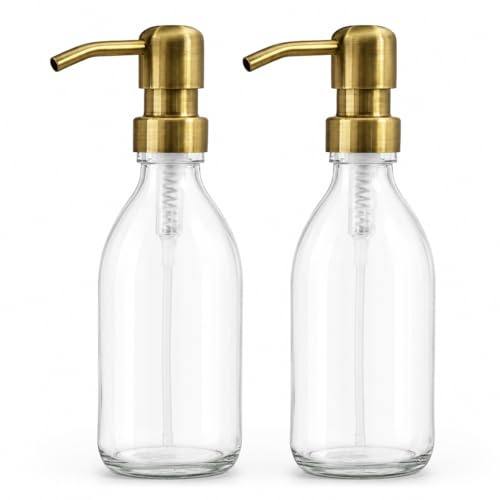 Clear Glass Bottles 250ml Soap Dispenser with Metal Pump (BPA-Free) Clear Glass Empty Pump Bottles – Reusable, Refillable, On-Trend, Eco friendly, Sustainable Living/Gift (Antique Brass Style, 2)
