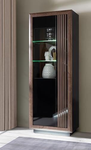 Forte Savona Vitrine L 70 80, Moderne Kommode mit 1 Tür, Sideboard, Holzwerkstoff, Schwarz/Edeleiche/Schwarz Hochglanz, 73,3 cm breit x 197 cm hoch x 42,3 cm tief