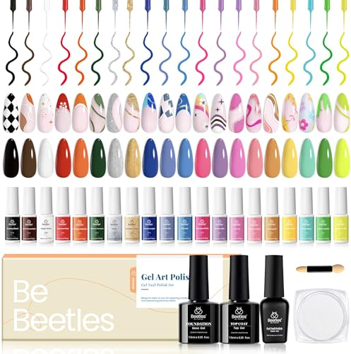 beetles Gel Polish Liner Gel Set-20 Colors Art Paint for Swirl Nails with Base Top Coat Thin Brush in Bottle Soak off White Black Red Silver Nude Glitters Gift for All Year Use