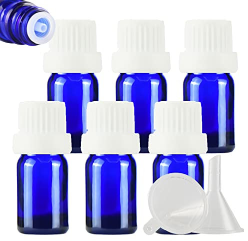 ZEOABSY 6 Stück Leer 5ml Braunglas Flasche mit Tropfmontur Originalitätsverschluss, Tropfflasche Blau mit Weiß Schraubverschluss Glasflaschen für Ätherisches Öle Essenzen Aromatherapie