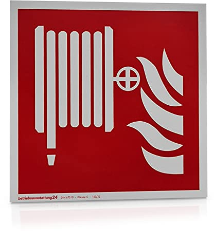 Betriebsausstattung24 Löschschlauch Schild - Hart-PVC langnachleuchtend & selbstklebend - Größe: 20 x 20 cm - Symbol Schild - DIN 67510 Klasse C - Leuchtdichte 150 mcd - Brandschutzschild