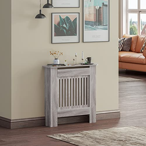 BELIWIN Radiator Cover, Grey Heater Cover Cabinet Radiator Shelf MDF Wood Vertical Slat Radiator Covers Living Room Furniture, Small