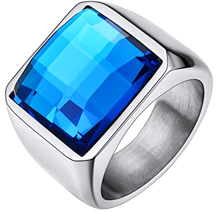 Custom4U Edelstahl Herren Fingerring Punk Zirkonia Bandring Silber/Gold/Schwarz Männer Jungen Blau Topas Siegelring Ringgröße 54.4(17.25)-72.3(22.75) für Hochzeitsring Partnerring