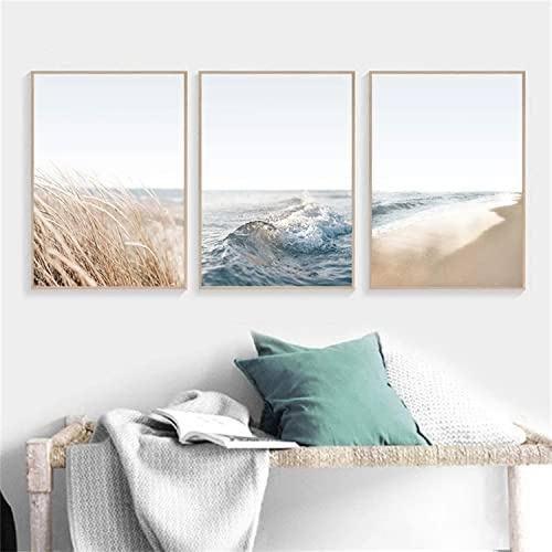 Sarah Duke 3er DesignPoster Set, Beige, Pampasgras, Meer Kunstposter Wandbilder, Ohne Rahmen, Modern Wanddeko Bilder Set für Wohnzimmer Schlafzimmer (50x70cm)