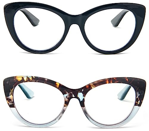 Kodilin 2 pack Occhiali da Lettura Donna Anti Luce Blu Cat Eye Molla Bicchieri di Moda, Computer Player per PC da Gioco D’azzardo Nero + blu 3.0