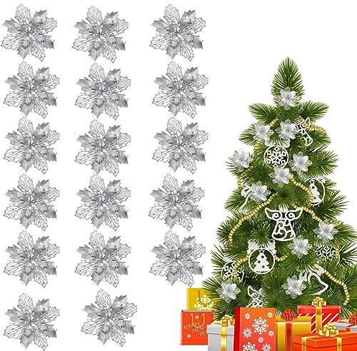 15 Pièces Poinsettia Pour Sapin, Fleurs De Noël Artificielles, Décoration Sapin, Paillettes De Noël, Fleur Pour Une Décoration De Fête Étincelante, Argenté