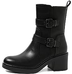 QUEEN HELENA Bottes Biker Bottines à Talons Double Boucle Femme X29-96, Noir , 39 EU