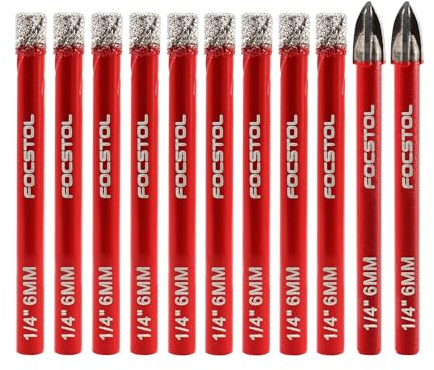 FOCSTOL Set Punte Trapano Diamantate - Sega a Tazza Diamantata+Trapano Carburo con Gambo Rotondo per Porcellanato Ceramica Marmo Granito 10 pezzi (6mm*8+6mm*2)