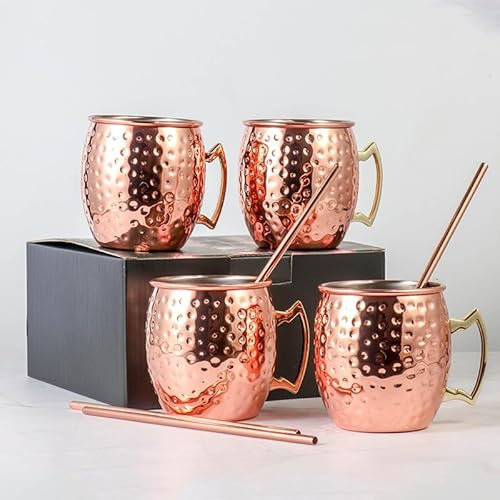 【Vielseitige Eleganz】4er Set gehämmertes Kupfer Roségold Moscow Mule Becher Set mit Strohhalm
