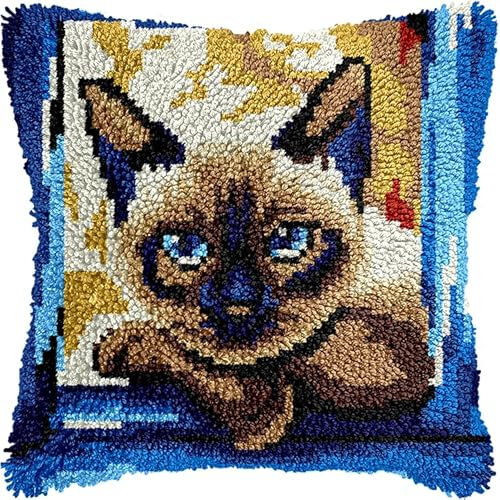 Taxpy DIY Knüpfhaken-Set, Kissenbezug, Latch Hook Kissen Kit, Knüpfkissen Set Anfänger Erwachsene zum Selber Knüpfen, Knüpfteppich Knüpfpackung, 43x43cm(Süßes Katzenmuster,D