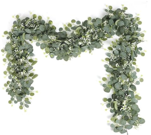 TROGN Guirnalda artificial de hojas de eucalipto con flores de flores blancas para decoración de flores de boda, hojas en maceta, hiedra de palma, 2 adornos de tumba de pino, mini pequeño