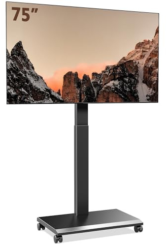 FITUEYES TV Stand on Wheels for 32-75 Inch TVs, Hand Crank Height Adjustable Mobile TV Cart, Tilt & Swivel Portable TV Stand with Iron Base, Tall TV Floor Stand Holds 40kg Max VESA 600×400mm