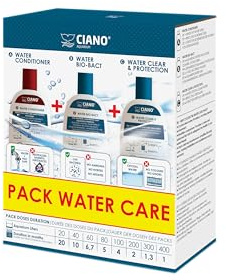 CIANO, Pack Water Care – Mantenimiento Acuario – 3 Botellas – Acondicionador, Agua del Grifo Segura – Bio-Bact, bacterias vivas – Eau Clear & Protect, Agua cristalina – para