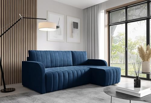 LIKMA Ecksofa Otto L-Form 224 cm Marineblau Moderne Sofas & Couches - Velvet Sofa mit Schlaffunktion - Schlafsofa mit Bettkasten - Wohnlandschaft mit Bettzeugbehälter, Stoff: Trinity 242