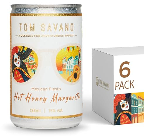Tom Savano Hot Honey Margarita Premium Cocktails Ready To Drink Cans, 6 x 125ml, 15% ABV - Ocho Tequila, Agave, Lime, Jalapeño Infused Honey, Bar Quality, Refreshing, Sweet & Spicy