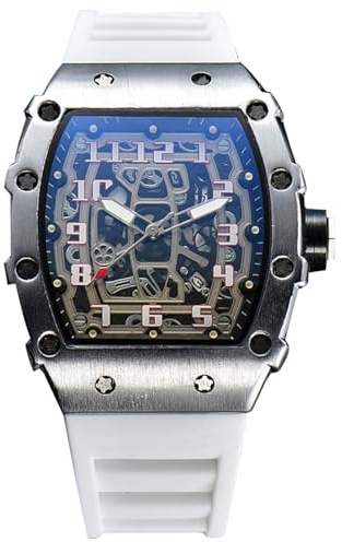 RORIOS Orologio Quarzo da Uomo Orologi da Polso Moda Tonneau Orologi Luminosi Analogico Orologi Casual Sportivo con Calendario Argento Bianco A