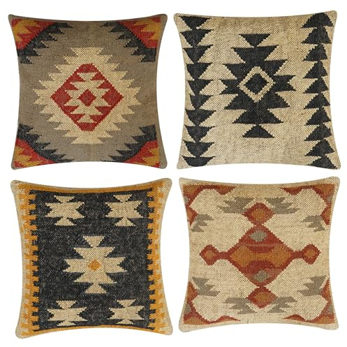 INDACORIFY Set da 4 pezzi Fodera per cuscino Kilim in lana e iuta Tessuta a mano vintage turca Copricuscino decorativo Federe per la casa (Stile- 16)