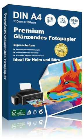 Hepta Print Inkjet Glänzendes Fotopapier A4 210 g/m², A4 Glänzend Fotokarten für Canon Epson HP Tintenstrahldrucker Photokarten Sofort Trocken Wasserfest Hochweiß Fotoblätter (100)