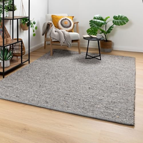 Steffensmeier Handweb Teppich Nellenberg | Schurwolle | Grau, handgewebt, Größe: 90x160 cm Wohnzimmer und Schlafzimmer