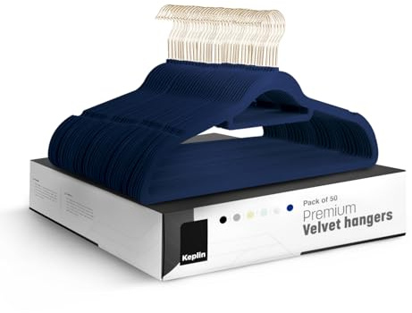 KEPLIN Sammetshängare 50-pack (41,5 cm) – halkfria klädrockshängare med slipstång och 360 graders krok för hemförvaring, hållbar, robust och platsbesparande garderob (marinblå, 50-pack)