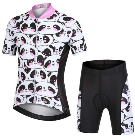 L PATTERN Kinder Radtrikot Set Jungen radsport anzüge (Fahrrad Trikot Kurzarm + Radhose) Mädchen Fahrradbekleidung Anzug mit Sitzpolster, Süß Panda, 146/152(Tag:XL)