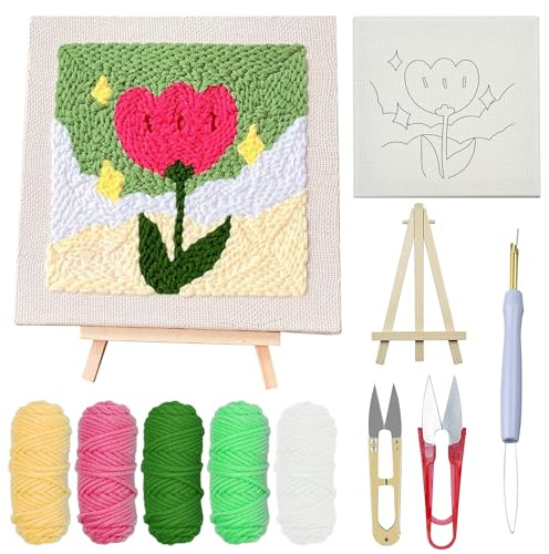 Woohome Rahmen Punch Needle Embroidery Starter Kit, Stanznadel Stickerei Starter Kit für Anfänger mit Blumenmuster, Stickrahmen, Garne, Stanznadel (Tulpen und Sterne)
