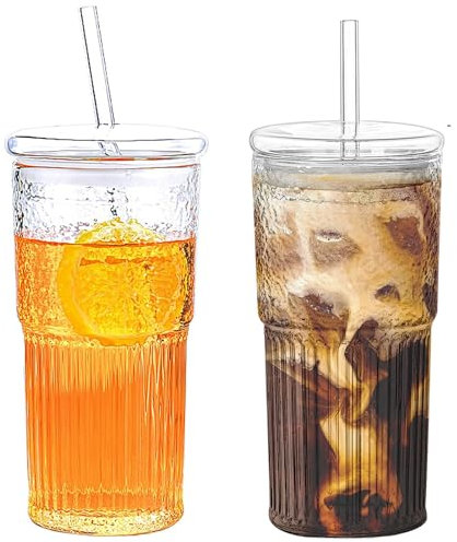 2PCS Glass Cups with Lids and Glass Straws, 20OZ Iced Coffee Cups, Home Essential and Coffee Bar Accessories Borosilicate Glass Tumblers with Lid and Straw for Beer, Cocktail, Tea and Latte, Clear