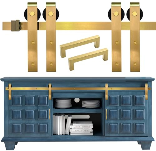 Rio Salto Mini Gold Barn Door Hardware Kit 6FT with Handles, Double Pannel Cabinet Sliding Barn 72 Hardware Track for Sliding Furniture (Gold, 6FT Track Kit (Double Door)