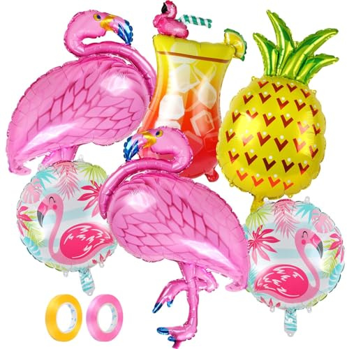 Flamingo Folienballons, 6 Stück Luftballons Hawaii Party Deko, Rosa Flamingo Ballon, Tropischer Ananas Getränkebecher Luftballon Helium für Sommer Pool Strand Geburtstags Party Dekorationen