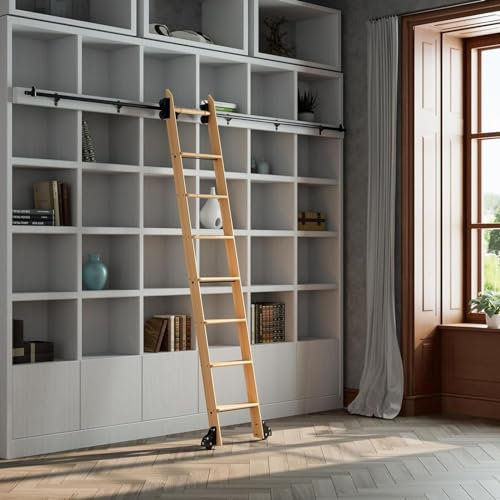 SNLKCLRA Schiebeleiter für Bibliotheken mit Rollen, kompletter Schienensatz, rustikale, Schwarze, runde Leiterschienenbaugruppen für Zuhause/Dachboden/Arbeitszimmer, mit Bodenrollenrad, eine Farbe, 2